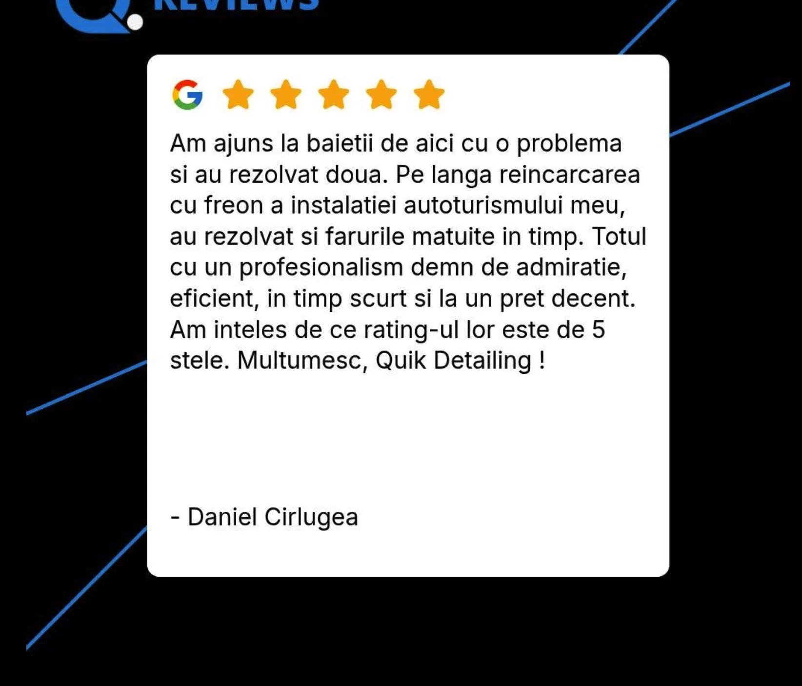 Recenzie Google verificată Daniel Cirlugea — reîncărcare freon + faruri matuite, profesionalism